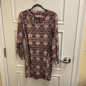 Loft Women's Dress Sz S Gray Floral Geometric Flowy Lightweight Waist Tie Midi